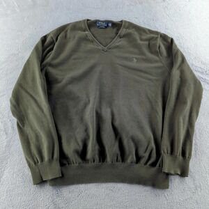 Polo Ralph Lauren Sweater Mens Large Green Pima Cotton V Neck Knit Pullover